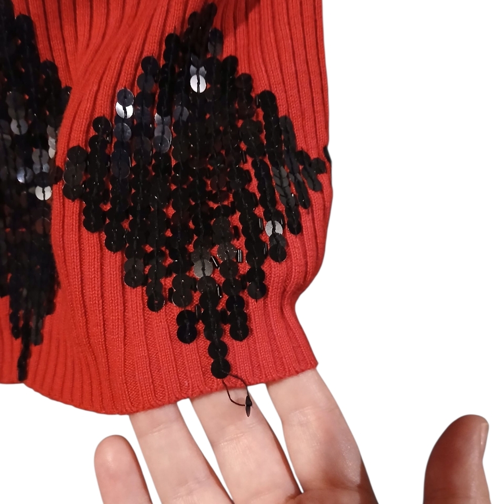 Berek 2 Red Black Fur Collar Sequin Diamond Zip Cardigan Sweater Small Steampunk - Picture 7 of 12